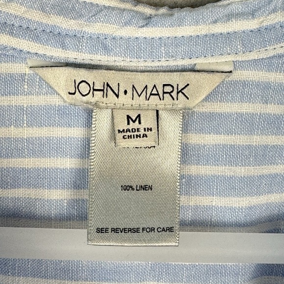 John Mark Linen Top Ruched Sleeve Button Down Tunic M Blue White Striped Coastal - Picture 3 of 9
